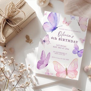 May include: A birthday invitation featuring watercolor butterflies in shades of pink and purple. The invitation reads "Olivia's 4th Birthday" with event details. A wrapped gift box with twine is in the background.