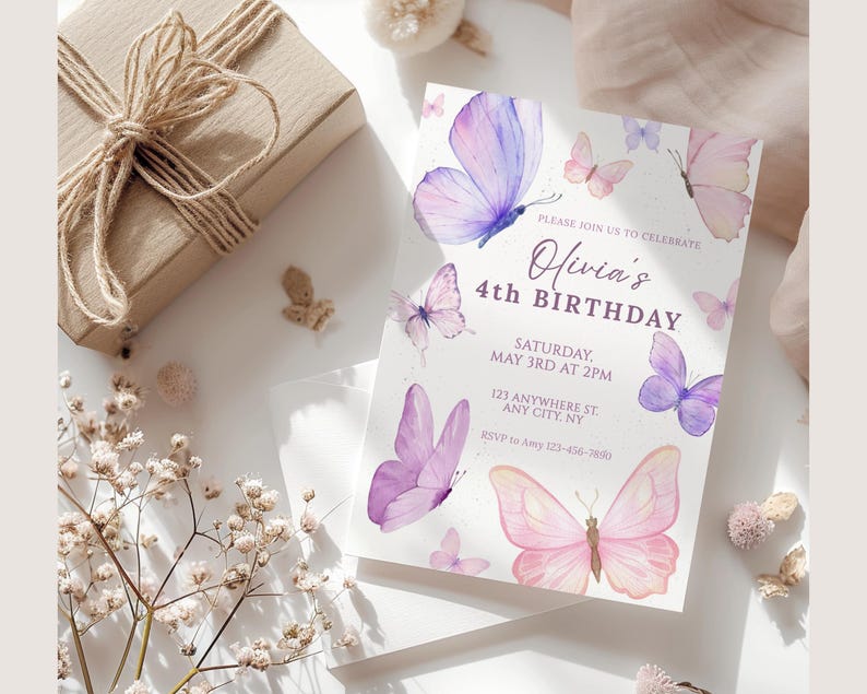 May include: A birthday invitation featuring watercolor butterflies in shades of pink and purple. The invitation reads "Olivia's 4th Birthday" with event details. A wrapped gift box with twine is in the background.