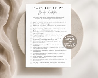 Babyparty-Spiel „Preis weitergeben“, druckbares Babyparty-Geschenkspiel, minimalistische Babyparty-Aktivität, bearbeitbare Canva-Datei, sofortiger PDF-Download