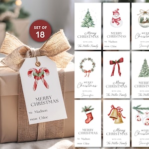 Könnte beinhalten: Ein Set aus 18 rechteckigen, weißen Geschenkanhängern mit weihnachtlichen Aquarell-Illustrationen wie Zuckerstangen, Tannenbäumen, Schneemännern, Kränzen und Glocken. Jeder Anhänger ist mit dem Text Merry Christmas und Feldern für Namen versehen.