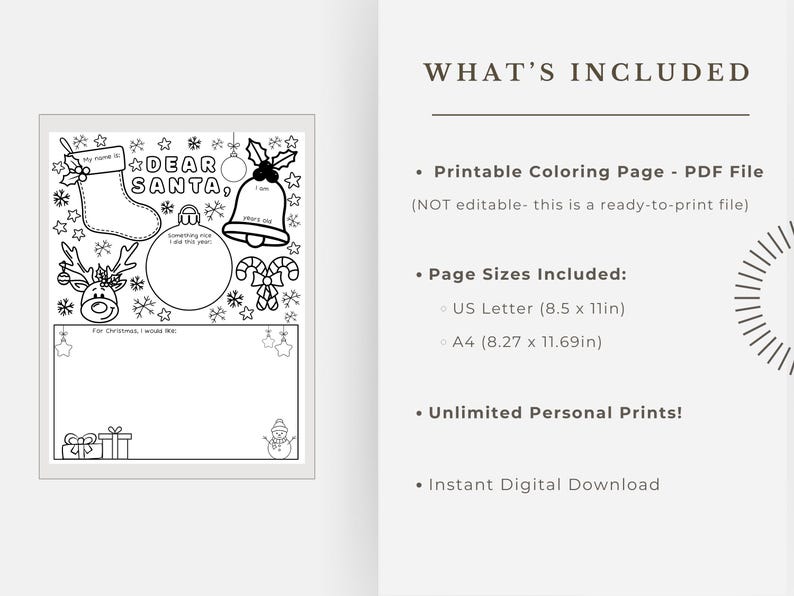 Printable Letter to Santa Coloring Page, Christmas Activity Sheet for Kids, Dear Santa Template, Holiday Coloring Printable, Santa Wish List image 3