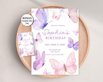 Bearbeitbare Schmetterlings-Geburtstagseinladung, Mädchenparty-Einladung, jedes Alter, lila-rosa Schmetterling, digitale Einladung, druckbar, Canva-Vorlage