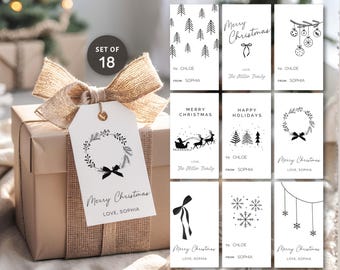 Könnte beinhalten: Ein Set aus 18 weißen, rechteckigen Geschenkanhängern mit schwarzen Illustrationen von Weihnachtskränzen, Tannenbäumen, Schneeflocken und Rentieren. Jedes Etikett enthält Texte wie Merry Christmas, Happy Holidays, To und From.