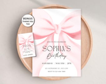 Bearbeitbare Geburtstagseinladung mit rosa Schleife, Mädchenparty-Einladung, jedes Alter, rosafarbene Aquarellschleife, digitale Einladung, druckbar, Canva-Vorlage