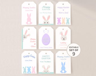 Bearbeitbare Ostergeschenkanhänger, druckbare Hasen-Osterkorbtags, Kinder-Ostern-Namenstags, Frohe Ostern Leckerei Tags, Ostern Geschenkanhänger, Canva