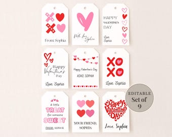 Editable Valentine’s Day Gift Tags, Printable Valentine Tags, Kids Valentine Treat Tags, Classroom Valentine Favor Tags, Instant Download
