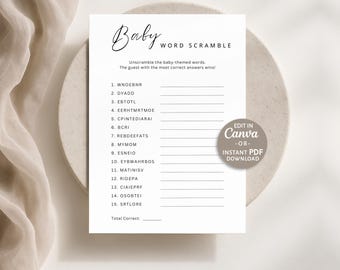 Baby Shower Word Scramble Game, Minimalist Baby Shower Activity, Gender Neutral, Printable, Editable Canva Template, Instant Download PDF