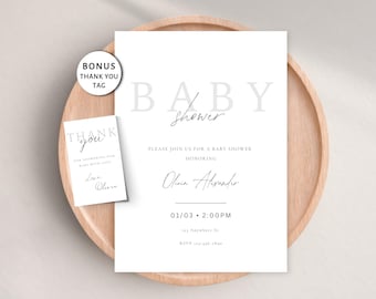 Minimalistische Babypartyeinladung, Geschlechtsneutral einladen Junge Mädchen-Babyparty, moderne Neutral Boho, bearbeitbare Canva-Vorlage, druckbar