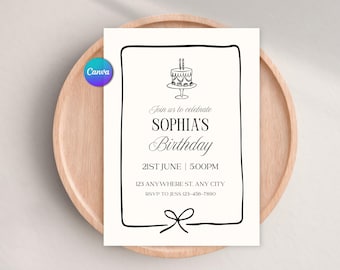 Bearbeitbare Einladung zum Geburtstag mit Schleife, Mädchenparty, jedes Alter, minimalistisches schwarzes Band, druckbare Einladung, Canva-Vorlage, digitaler Download
