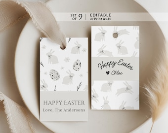 Bearbeitbare Ostergeschenkanhänger Vorlage, Neutrale Hase Ostertags, druckbare Osterkorb Tags, Minimalistische Ostergeschenkanhänger, Canva bearbeitbar