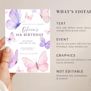 May include: A birthday invitation featuring watercolor butterflies in shades of purple and pink. The invitation reads "Olivia's 4th Birthday" with event details. The design includes text that is editable, such as the text, event, and graphics.