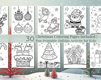 May include: A collection of 30 Christmas coloring pages featuring black and white line art of Santa Claus, penguins, a snowman, ornaments, a gingerbread house, a Christmas tree, and gifts with the text 30 Christmas Coloring Pages Included.