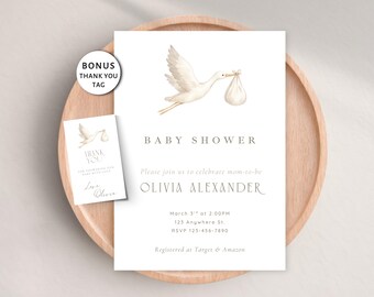 Bearbeitbare Stork-Babyparty-Einladung, Geschlechtsneutrale Babyparty-Einladung, minimalistische moderne Boho, Canva-Vorlage, bedruckbar, digitale Einladung