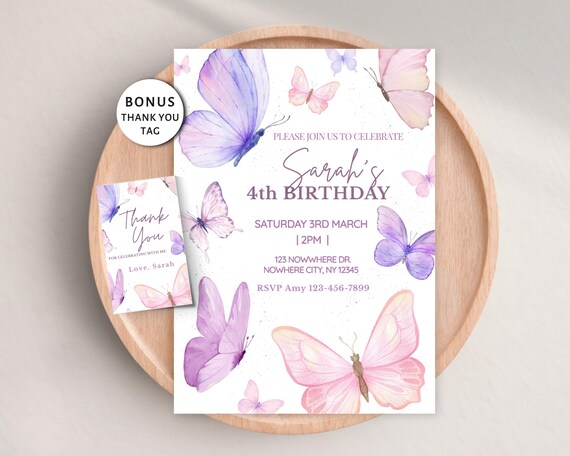 Editable Butterfly Birthday Invitation, Girls Party Invite, Any Age, Purple Butterfly, Pink, Digital Invite, Downloadable, Canva Template