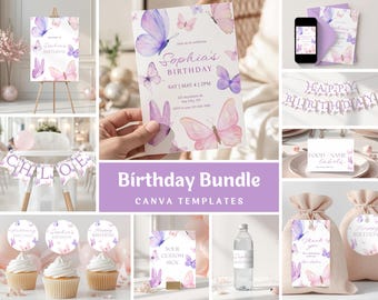 Geburtstagseinladungs-Set mit Schmetterlingen, Partydekoration in Lila und Rosa mit Schmetterlingen, für jedes Alter, druckbare, bearbeitbare Canva-Vorlage, digitaler Download