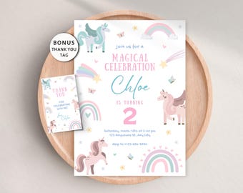 Bearbeitbare Einhorn-Geburtstagseinladung, zauberhafte Partyeinladung für Mädchen, jedes Alter, pastellrosa Regenbogeneinhörner, digital, druckbar, Canva-Vorlage