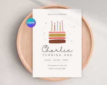 Bearbeitbare Geburtstagseinladung mit Kuchenmotiv, für jedes Alter, farbenfrohe Kinderparty-Einladung, Geburtstag für Jungen oder Mädchen, druckbare Einladung, Canva-Vorlage, digitaler Download