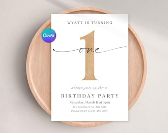 Editable First Birthday Invitation, 1st Birthday Party Invite, Minimalist Boho, Boy Girl Birthday, Digital Download, Canva Template, One