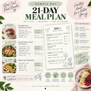 May include: A 21-day meal plan infographic featuring a daily schedule with breakfast, lunch, and dinner options including overnight oats, grilled chicken salad, and salmon. It lists calorie counts, macronutrients, and a daily water tracker.