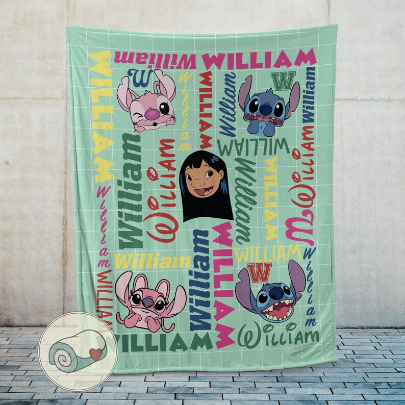 May include: A light green blanket featuring cartoon characters and the name "William" in various colors and fonts. The blanket has a grid pattern and includes images of Stitch and Lilo.