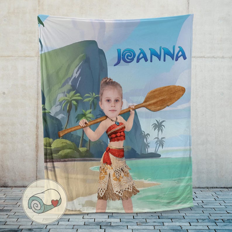 May include: A personalized blanket featuring a young girl dressed as a character from a movie, holding a wooden oar. The background depicts a tropical beach scene with palm trees, mountains, and the name "Joanna" in blue letters.