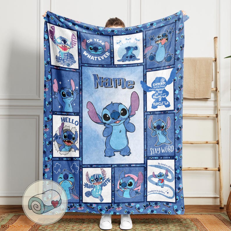 May include: Blue fleece blanket featuring various images of the character Stitch from Lilo & Stitch. The blanket has a central image of Stitch with the name "Name" above it. Other images include the phrases "Oh Yeah Whatever", "Hello", and "Stay Weird".
