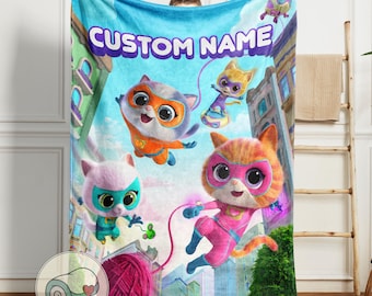 SuperKitties Custom Name Blanket | Personalized City Yarn Theme | Disney Junior Hero Cats Throw | Soft Fleece Kids Bedding Gift