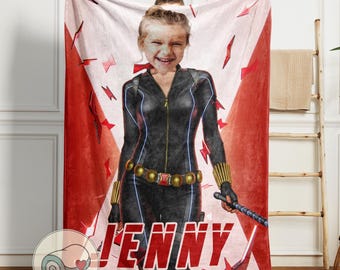 Black Widow Custom Face Blanket | Personalized Jenny Name Gift | Marvel Superhero Girl Throw | Custom Photo Avengers Gift