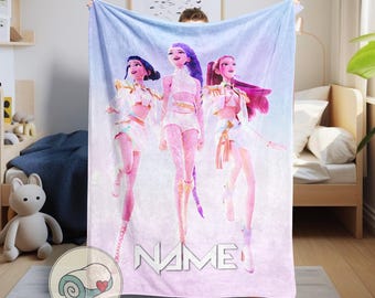 Custom Huntrix Demon Hunters Blanket, Personalized Fan Gift, Custom Name Fleece Throw, Kpop Merch, Saja Boys, Huntrix, Cozy Blanket