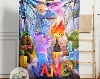 Elemental Movie Train Blanket | Custom Name Ember and Wade | Personalized Disney Pixar Gift | Kids Bedroom Decor | Fleece Throw
