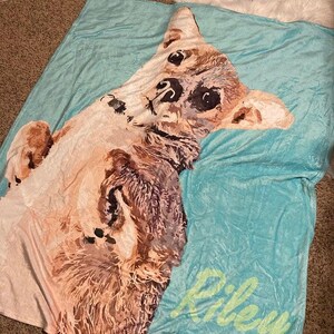 Pu&ograve; includere: Una coperta azzurra con una grande immagine dettagliata del muso di un cane. Il pelo del cane &egrave; raffigurato in tonalit&agrave; di marrone, beige e bianco. Il nome "Riley" &egrave; scritto in verde nell'angolo in basso a destra.