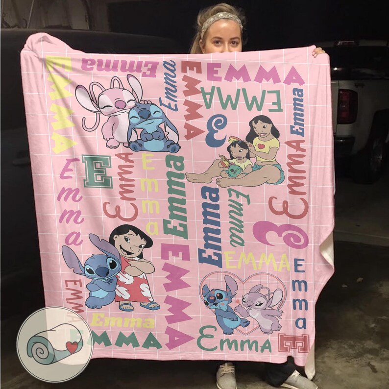 Stitch and Angel Blanket | Lilo Custom Name Repeating Throw | Personalized Pink Disney Fleece | Girls Room Decor image 9