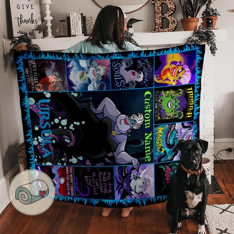May include: A custom throw blanket featuring Ursula from The Little Mermaid. The design includes various images of Ursula, text, and a space for a custom name. The blanket has a black background with blue and purple accents.