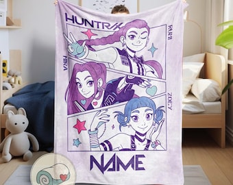 Custom Name Demon Hunters Blanket, Custom Fan Gift, Cozy Plush Blanket, Personalized Kpop Fleece Throw, Demon Hunters Huntrix Merch