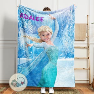 Elsa Frozen Custom Face Blanket | Personalized Girl Name Gift | Disney Princess Photo Bedding | Winter Wonderland Birthday Gift for Kids image 1