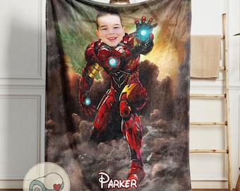 Jeté Iron Man | Portrait de visage personnalisé | Prénom personnalisé | Décoration Marvel Avengers | Cadeau super-héros