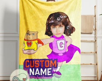 Hamster and Gretel Personalized Blanket | Custom Face and Name | Superhero Kids Gift | Disney Gretel Art | Minky Fleece Throw Blanket