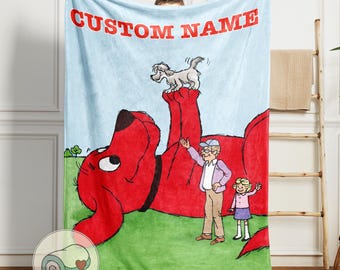 Giant Red Dog Blanket | Custom Name | Cartoon Big Dog Playful Throw | Personalized Kids Animal Gift