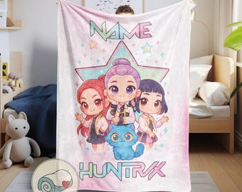 Demon Hunters Huntrix Fleece Blanket, Custom Name Kpop Gift, Personalized Huntrix Merch, Cozy Fan Blanket, Plush Throw, Derpy Tiger Blanket