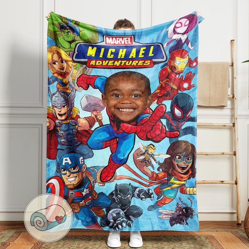 Marvel Adventures Spider-Man Blanket | Spidey and Amazing his Friends | Custom Face Swap Name | Avengers Superhero Throw | Kids Comic Bild 1