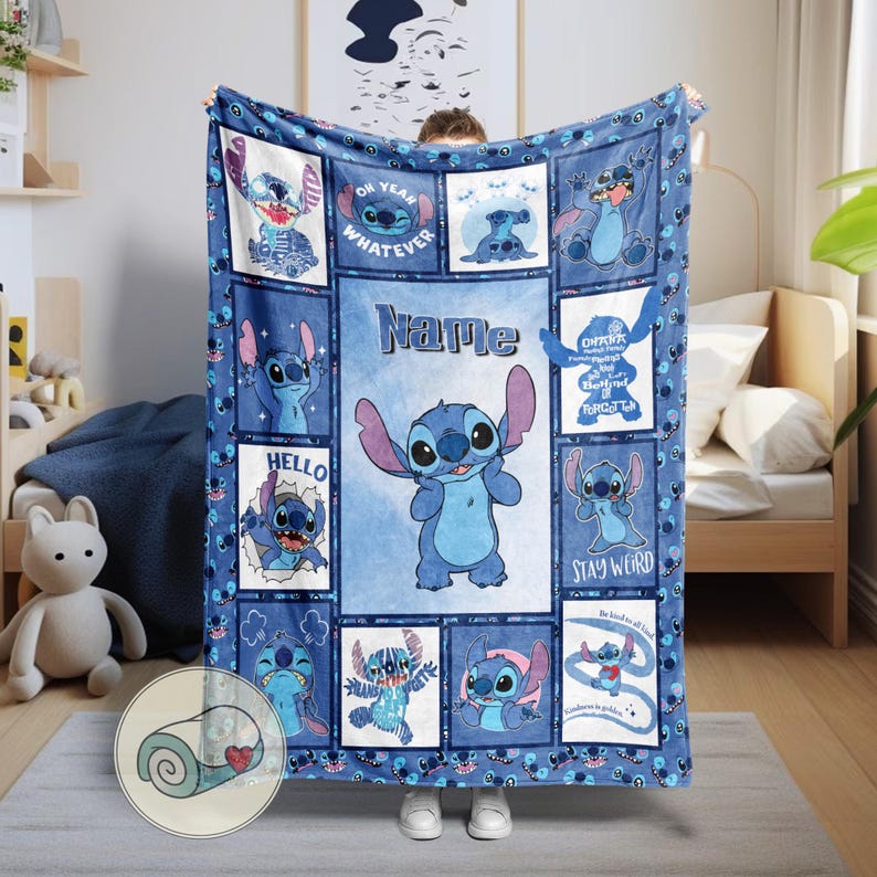 May include: A blue fleece blanket featuring the character Stitch from Lilo & Stitch. The blanket has a central image of Stitch with the name field above it. Surrounding Stitch are various images of the character, with text such as "Hello" and "Stay Weird".