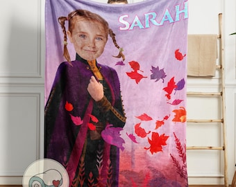 Princess Anna Frozen Blanket | Custom Face Portrait | Personalized Name | Arendelle Character | Girls Bedroom Decor Gift