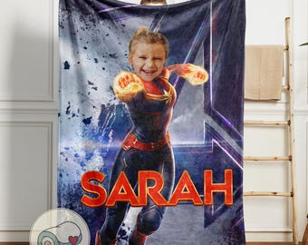 Captain Marvel Custom Face Blanket | Personalized Sarah Name Gift | Marvel Superhero Girls Throw | Custom Photo Avengers Gift