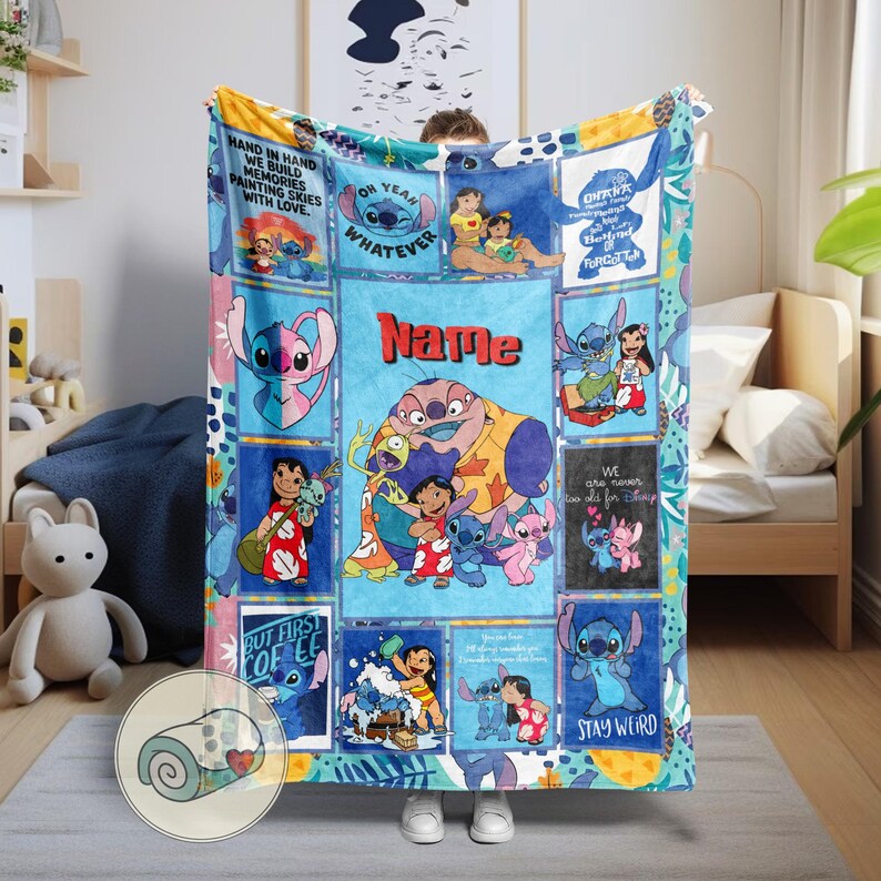 May include: A colorful blanket featuring various images of the character Stitch from the Disney movie Lilo & Stitch. The blanket has a blue background with multiple panels, each showcasing Stitch in different poses and scenes. The blanket also has the text "Name", "Oh Yeah Whatever", and "Stay Weird".