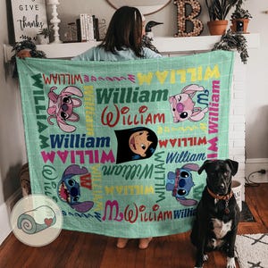 May include: A light green blanket featuring cartoon characters and the name "William" in various fonts and colors. The blanket has a grid pattern and includes images of Stitch and Lilo.