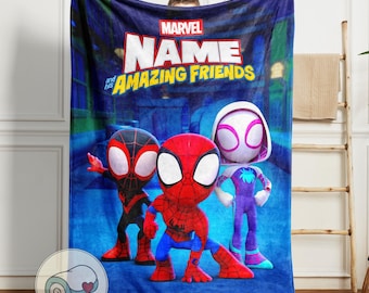 Spidey and His Amazing Friends Night City Blanket | Custom Name | Ghost Spider Miles Morales Trio | Kids Superhero Fleece Throw Bedding Gift