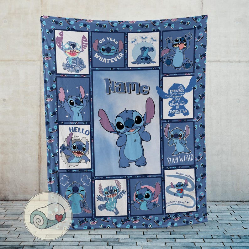 May include: A blue throw blanket featuring the character Stitch from Lilo & Stitch. The blanket has a repeating pattern of Stitch in various poses, with phrases like "Oh Yeah Whatever" and "Stay Weird". The word "Name" is also visible.
