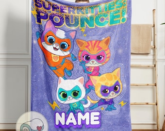 SuperKitties Pounce Personalized Blanket | Custom Name Kids Gift | Purple Super Hero Cats Throw | Disney Junior Toddler Bedding