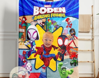 Spidey and His Amazing Friends Blanket | Custom Face and Name Spider-Man Gift | Personalized Marvel Kids Throw | Velveteen Plush Bedding