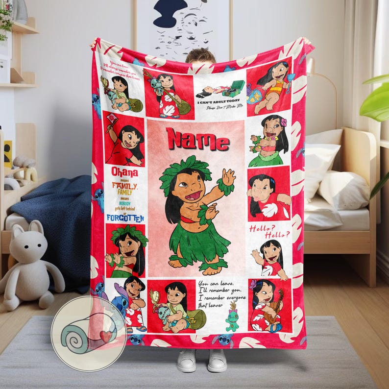 May include: A red fleece blanket featuring a collage of cartoon images of a girl in a green skirt and a red top. The blanket has the text "Name", "Ohana Family Family Forgotten", and "I can't adult today".